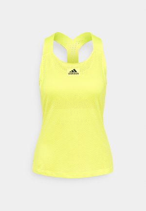 Helles gelbes Adidas Mesh-ärmelloses Sporttrikot mit Racerback-Design, präsentiert vor neutralem Hintergrund.