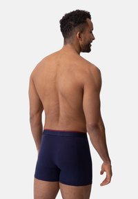 Navy cotton boxer briefs with a red waistband, featuring a snug fit and smooth texture. Visible stitching details enhance overall durability.