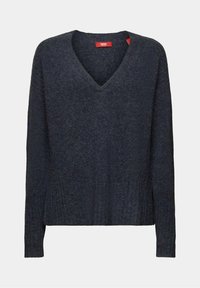 Dunkelgrauer V-Ausschnitt-Pullover mit langen Ärmeln, geripptem Saum und weicher Textur. Aus Strickstoff gefertigt für Wärme und Komfort.