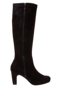 Schwarze Knielange Stiefel aus Wildleder mit einem seitlichen Reißverschluss, ausgestattet mit einem stabilen Absatz und einer glatten Textur. Elegantes Design mit schlanker Form.
