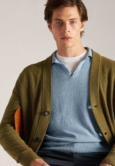 Un joven con el cabello peinado se sienta en una silla de madera, vistiendo un cárdigan verde sobre un suéter azul, mirando directamente a la cámara.