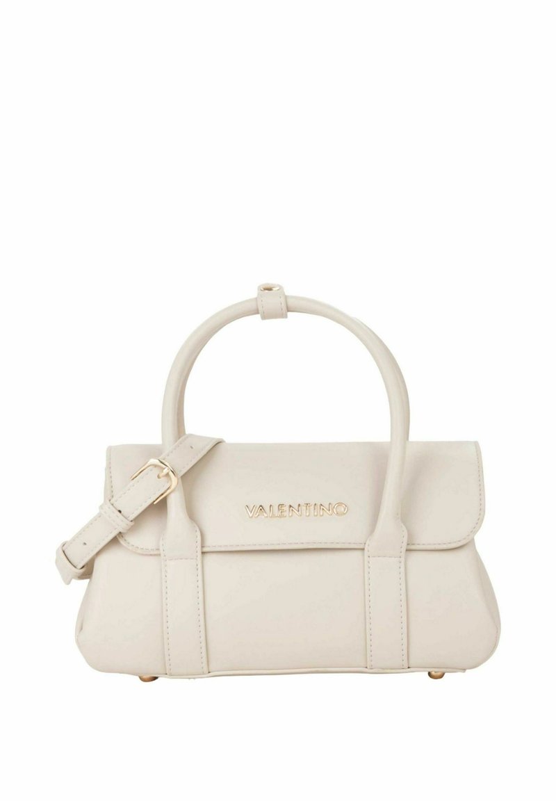 Beige Lederhandtasche mit strukturierter Form, einem oberen Griff und einem abnehmbaren Schulterriemen. Ausgestattet mit goldenem Beschlag und einer Klappenverschluss.