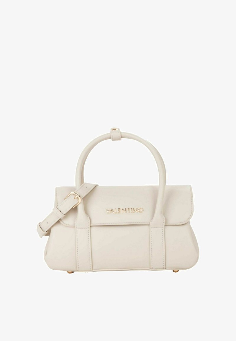 Beige Lederhandtasche mit strukturierter Form, einem oberen Griff und einem abnehmbaren Schulterriemen. Ausgestattet mit goldenem Beschlag und einer Klappenverschluss.