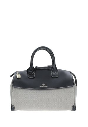 Borsa nera e crema con corpo texturizzato, dettagli in pelle liscia, doppi manici e chiusura con zip. Presenta dettagli del logo e cuciture.