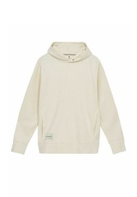 Felpa con cappuccio in morbido cotone beige chiaro. Presenta una tasca a marsupio, un collo con coulisse e un logo discreto sull'orlo frontale.