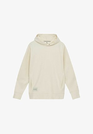 Felpa con cappuccio in morbido cotone beige chiaro. Presenta una tasca a marsupio, un collo con coulisse e un logo discreto sull'orlo frontale.