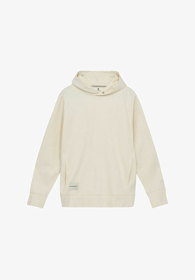 Felpa con cappuccio in morbido cotone beige chiaro. Presenta una tasca a marsupio, un collo con coulisse e un logo discreto sull'orlo frontale.