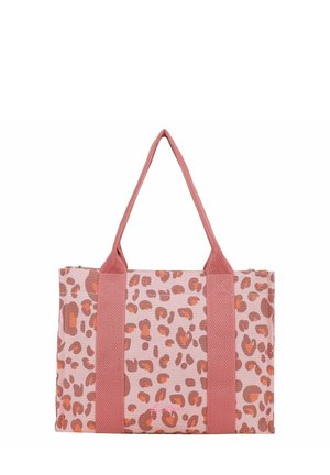 Borsa a tracolla con stampa leopardata rosa e arancione, manici larghi in tessuto rosa e forma rettangolare.
