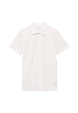 Biała koszulka polo z krótkim rękawem, kołnierzykiem i dwoma guzikami, przedstawiona na jednolitym białym tle.