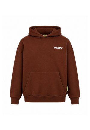 Felpa marrone con cappuccio, tasca frontale e logo bianco "BARROW" sul petto, mostrata su sfondo bianco.