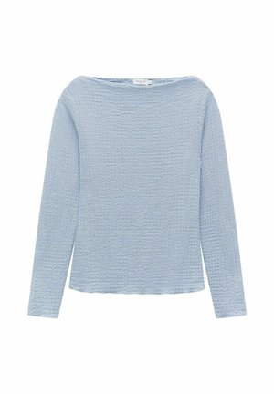 Haut à manches longues bleu clair avec une finition texturée, encolure large et coupe droite. Fabriqué en tissu doux et léger.