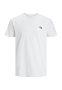 Weißes Baumwoll-T-Shirt mit Rundhalsausschnitt und kurzen Ärmeln. Verfügt über ein kleines schwarzes "J&J"-Logo auf der linken Brustseite. Glatte Textur.