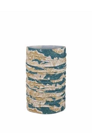 Multifunctional tubular neck gaiter with blue and beige botanical pattern and Buff brand logo on plain white background.