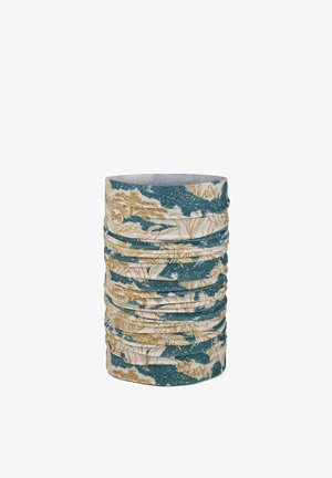 Multifunktionaler Tubular-Neck-Gaiter mit blauem und beigem botanischem Muster und Buff-Markenlogo auf einfarbig weißem Hintergrund.