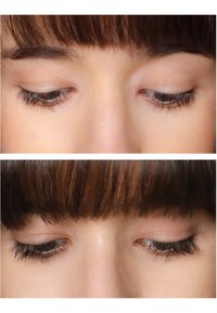Vorher-Nachher-Bilder von Wimpern, die eine verbesserte Länge und Volumen zeigen. Oben sind sie natürlich, unten mit deutlicher Verlängerung.