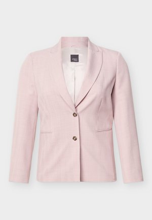 Svetlo rožast krojen blazer z dvema gumboma, zarezanimi ovratniki, dolgimi rokavi in sprednjimi žepki na beli podlagi.
