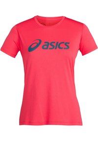 Světlá růžová tričko s krátkým rukávem vyrobené z lehkého materiálu, na přední straně s velkým modrým logem "asics".