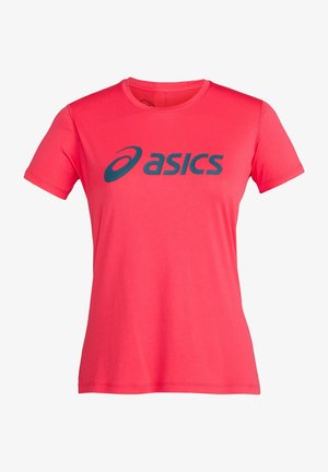 Vaaleanpunainen lyhythihainen t-paita kevyestä kankaasta, jossa on suuri sininen "asics"-logo edessä.