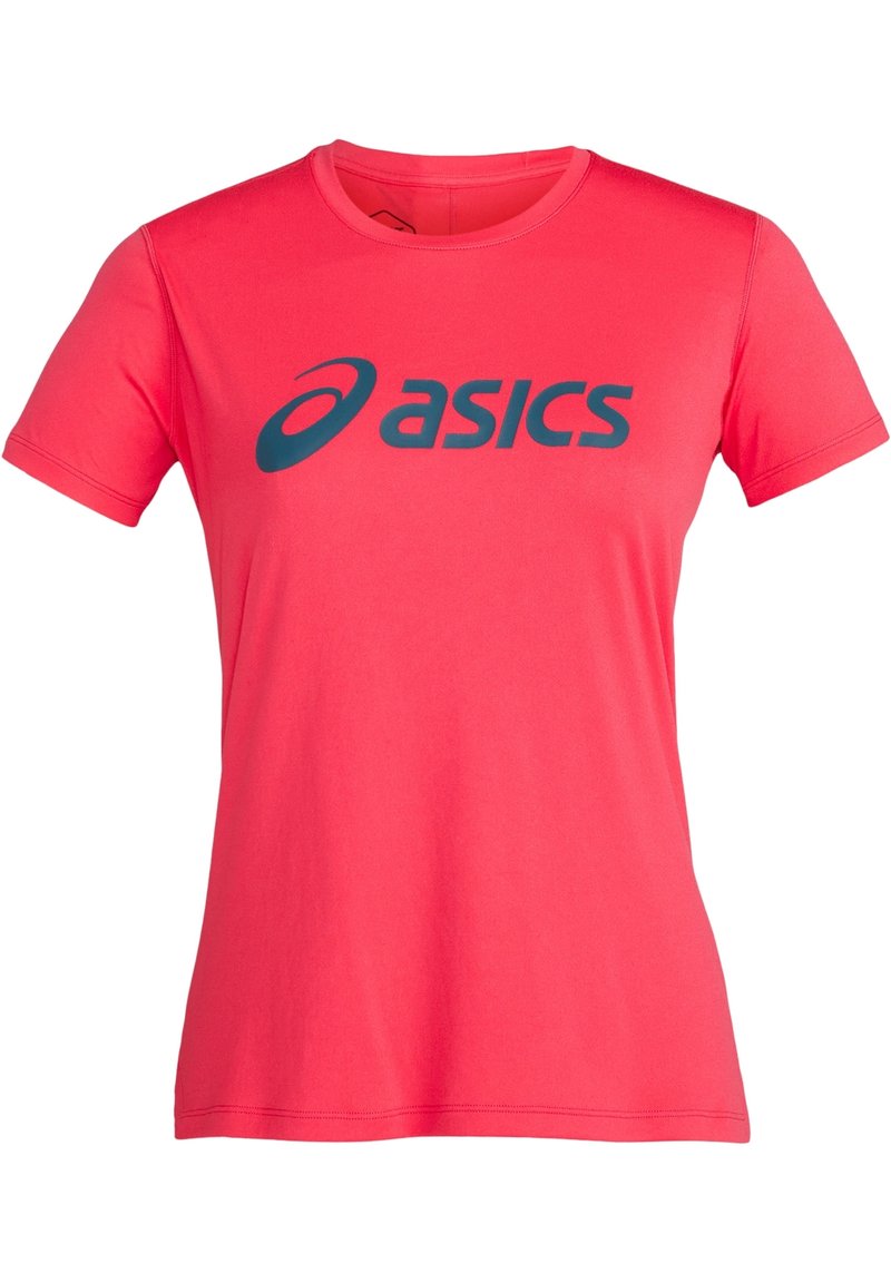 Světlá růžová tričko s krátkým rukávem vyrobené z lehkého materiálu, na přední straně s velkým modrým logem "asics".