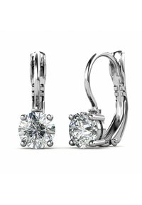 Orecchini a cerchio in argento con grandi diamanti tondi a taglio brillante fissati in quattro griffe, con una finitura lucida.