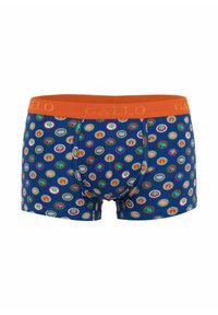 Boxer in blu da uomo con cintura arancione e motivi circolari colorati che presentano maiali, quadrifogli, elefanti e fragole.