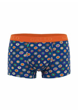 Boxer in blu da uomo con cintura arancione e motivi circolari colorati che presentano maiali, quadrifogli, elefanti e fragole.