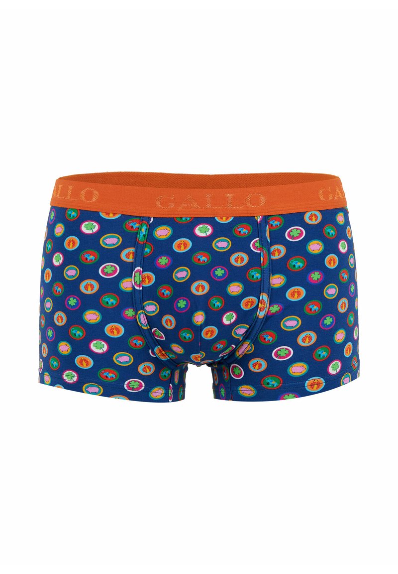 Boxer in blu da uomo con cintura arancione e motivi circolari colorati che presentano maiali, quadrifogli, elefanti e fragole.