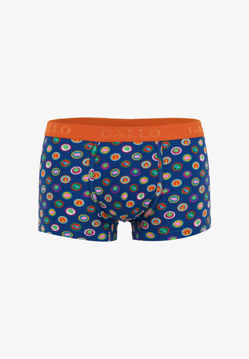 Boxer in blu da uomo con cintura arancione e motivi circolari colorati che presentano maiali, quadrifogli, elefanti e fragole.