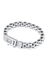 Silverfärgad metallarmband med sammankopplade ovala länkar och ett rektangulärt lås. Ytan är polerad och reflekterar ljus med en slät textur.