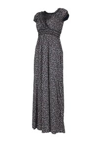 Robe maxi noire avec petit imprimé floral rose et blanc, manches courtes bouffantes et détail froncé à la taille.
