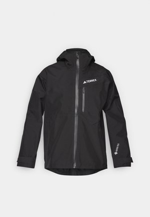 Casaco preto à prova d'água feito de Gore-Tex com capuz, fecho éclair frontal e dois bolsos laterais. Apresenta um logótipo TERREX no peito.