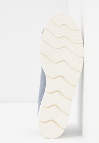 Semelle d’une chaussure montrant une bande de roulement en caoutchouc blanc texturé ondulé et une vue partielle de la tige bleu clair sur fond blanc.