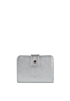 Small silver textured leather wallet with a snap button closure and subtle embossed brand name on front center.