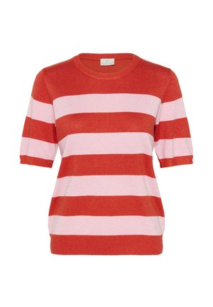 Red and pink striped knit short-sleeve sweater with a round neckline. Soft texture, featuring alternating wide stripes.
