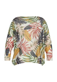 Suéter ligero de manga larga con estampado de hojas tropicales en verde, amarillo, rojo y azul marino sobre un fondo crema. Corte cuadrado.