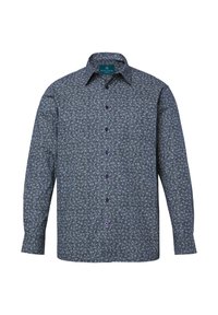 Košile s dlouhým rukávem a knoflíky v texturované modré tkanině s jemným vzorem, s fialovými knoflíky a límečkem.