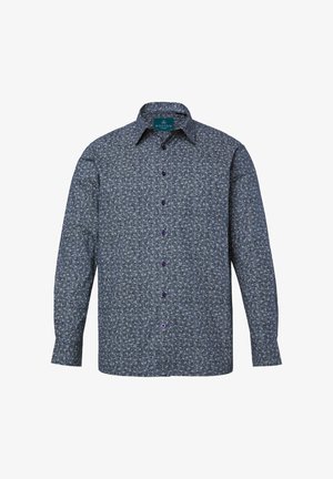 Langärmliges, knöpfbares Hemd aus strukturiertem blauen Stoff mit einem dezenten Muster, versehen mit lila Knöpfen und einem Kragen.