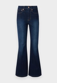 Jeans a zampa d'elefante blu scuro con vita alta, realizzati in denim. Presentano accessori color rame e una classica design a cinque tasche. Texture liscia.