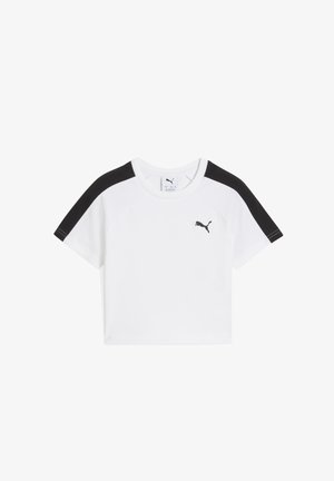 Biały T-shirt z krótkim rękawem z czarnymi akcentami na ramionach i małym czarnym logo Puma na piersi. Wykonany z lekkiego materiału.