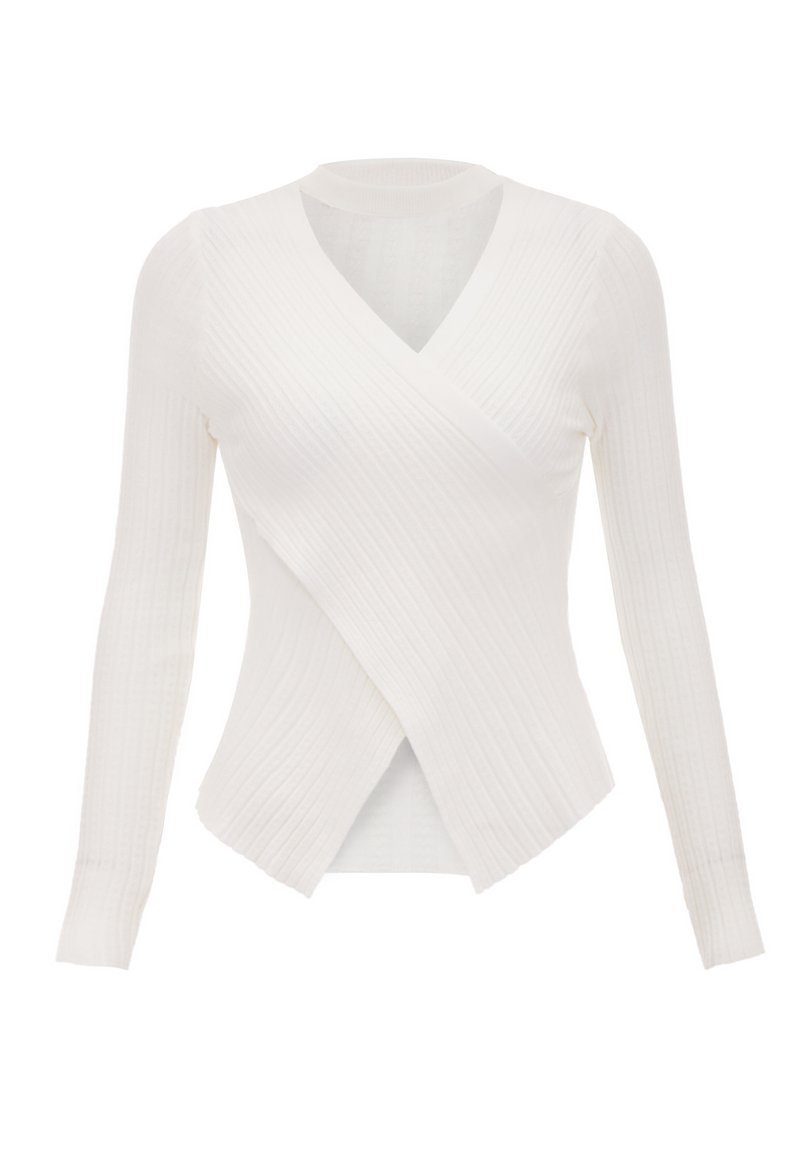 Top a maniche lunghe bianco a coste con scollatura a V e design incrociato. Presenta una silhouette aderente e un tessuto testurizzato.