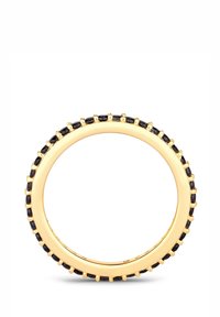 Goldring mit einer Reihe schwarzer Edelsteine, die in Krappen gefasst sind, einem glatten Innenteil und einer runden, symmetrischen Form.