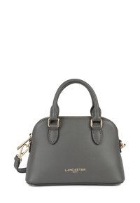 Piccola borsa a tracolla grigia in pelle testurizzata con due manici, hardware dorato e logo "Lancaster Paris" sul fronte.
