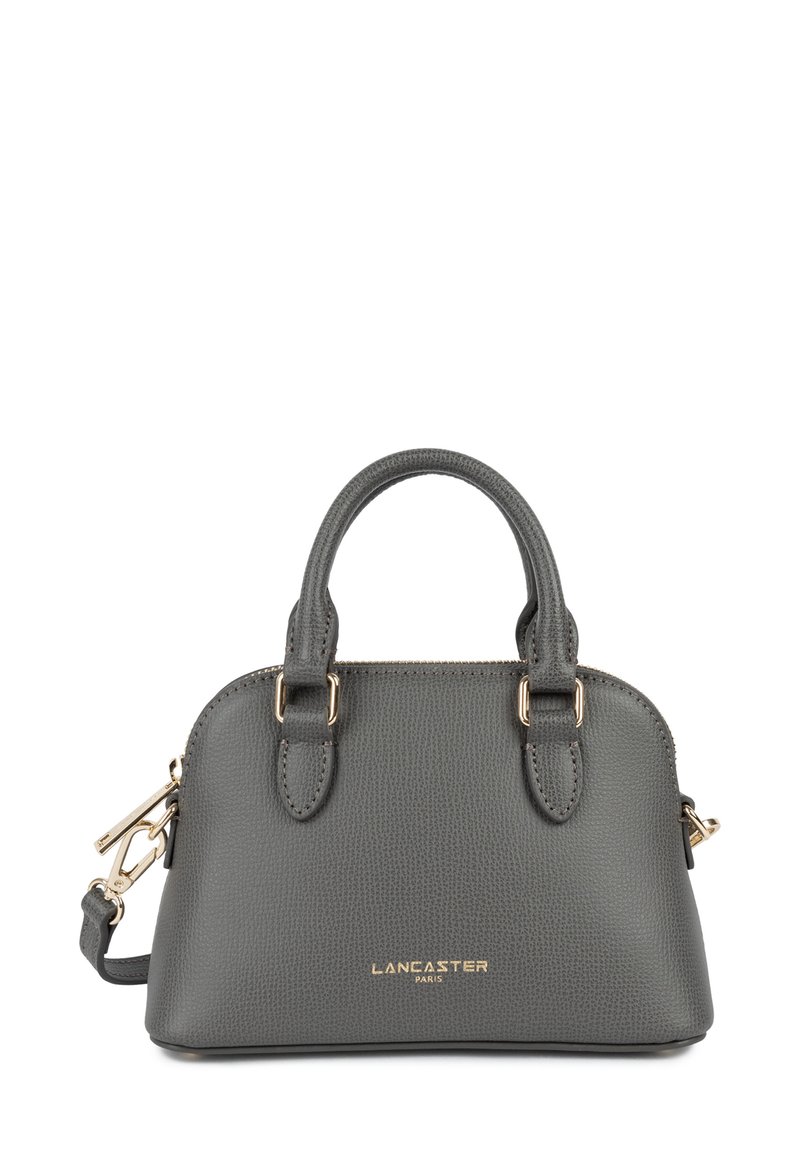 Piccola borsa a tracolla grigia in pelle testurizzata con due manici, hardware dorato e logo "Lancaster Paris" sul fronte.