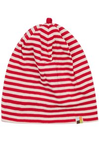 Beanie a righe rosse e bianche lavorato a maglia con una texture morbida, cima arrotondata e un piccolo etichetta sul bordo inferiore con un motivo geometrico.