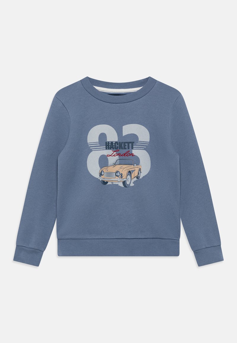 Sudadera azul con mangas largas, puños acanalados y escote redondo. Presenta un gráfico de un coche y el texto "Hackett London 83" en la parte frontal.