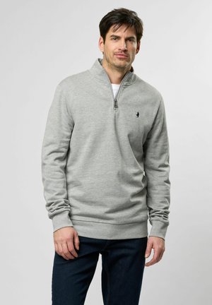Gray zip-up sweatshirt with a high collar and ribbed cuffs. The fabric is textured, and a small dark logo is visible on the chest.