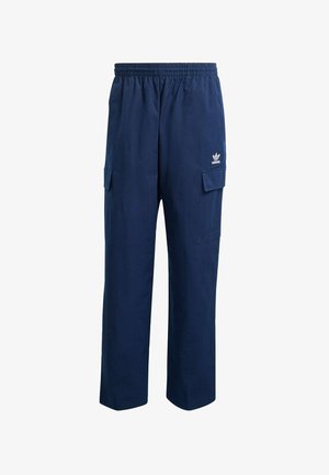 Marine Cargo-Hosen mit elastischem Bund, zwei seitlichen Taschen und einem kleinen weißen Adidas-Logoakzent auf der Vorderseite. Strukturiertes Gewebe.