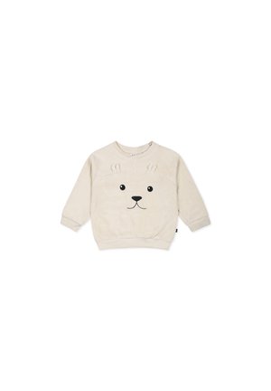 Felpa color crema con design di un volto di orso in ricamo nero, texture morbida, scollo rotondo e maniche lunghe.