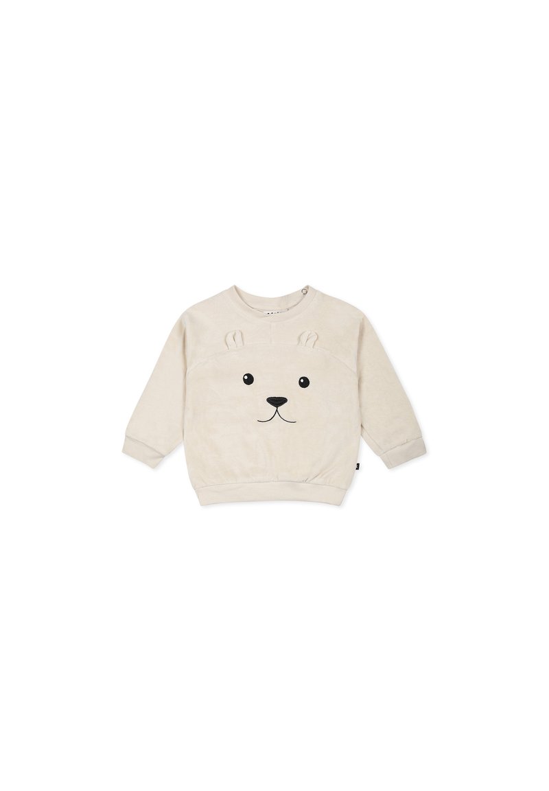 Felpa color crema con design di un volto di orso in ricamo nero, texture morbida, scollo rotondo e maniche lunghe.