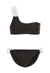 Fekete bikini felső, egyvállas dizájnnal, fehér pántokkal. Még egy fekete bikini alsó, fehér díszítésekkel az oldalán.